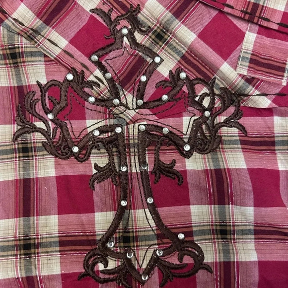 Lamasini 3/4 Sleeve Western Embroidered Embellished Plaid Button Up Shirt - Picture 4 of 9